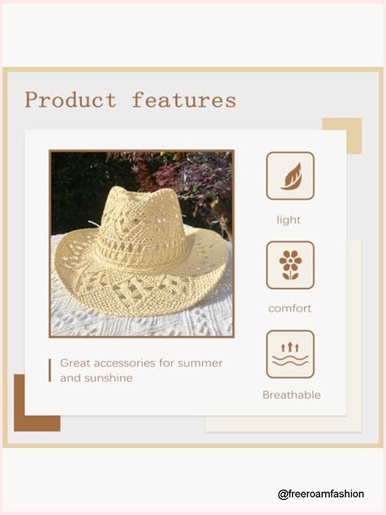 Foldable Wide Brim Straw Cowgirl Hat Sun Hat for Travel Beach main image 4